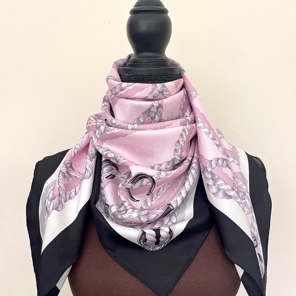 New Gucci Silk Scarf Pink Ropes Print Black Border Silk Wrap Scarf - Picture 1 of 15